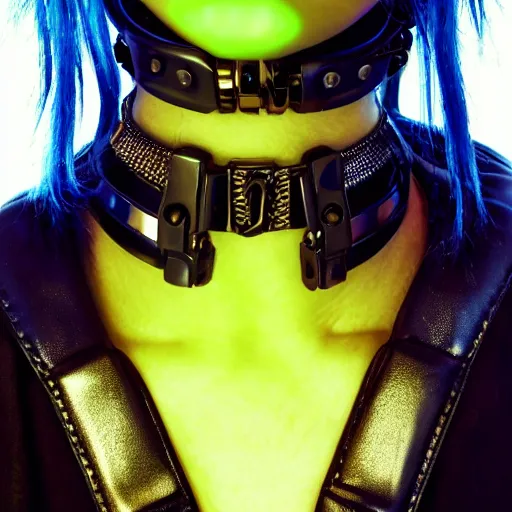 Image similar to detailed realistic cyberpunk female character cyberpunk wearing large steel collar around neck, realistic, art, beautiful, 4K, collar, choker, collar around neck, punk, artstation, detailed, female, woman, choker, cyberpunk, neon, punk, collar, choker, collar around neck, thick collar, choker around neck, wearing choker, wearing collar, bright neon punk hair, collar, choker,