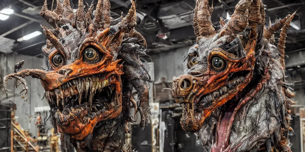 Image similar to photo taken of an epic intricate, ultra detailed, super realistic gritty, hero prop, exquisitely painted animatronic movie prop of a nightmarish hellish creature displayed in the workshop, created by weta workshop, full body shot, photorealistic, sharp focus