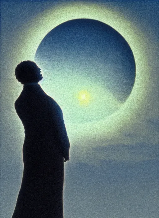 Prompt: a human silhouette observing an eclipse in the distance, painted by caspar david friedrich with chromatic chromatic aberration and datamoshing artifacts