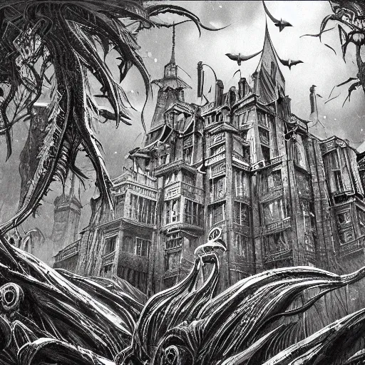 Image similar to black and white art deco style ink drawing of detailed the huge haunted house on the edge of a hill , highly detailed, fantasy art, in the style of greg rutkowski, epic, fantasy, intricate, hyper detailed, artstation, concept art, smooth, sharp focus, ray tracing