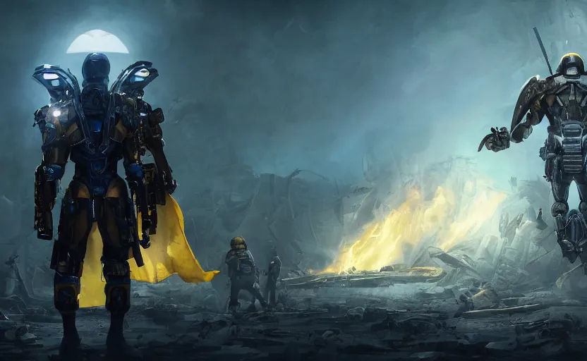 Image similar to A cinematic shot from behind, military super soldier with angel wings with a blue and yellow flag behind him is standing on a pile of skulls in triumph, concept art, сinematic lighting, insanely detailed, smooth, sharp focus, Artstation, 8k, unreal engine, hyper realistic, steampunk style, bright background, moonlight, volumetric lighting, wallpaper, digital illustration by Ruan Jia and Mandy Jurgens and Artgerm and Wayne Barlowe and Greg Rutkowski and Zdislav Beksinski