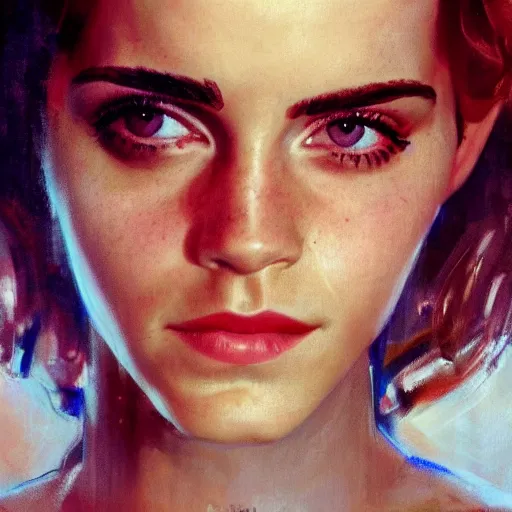 Image similar to close up of emma watson in latex, cinematographic shot, by daniel f. gerhartz