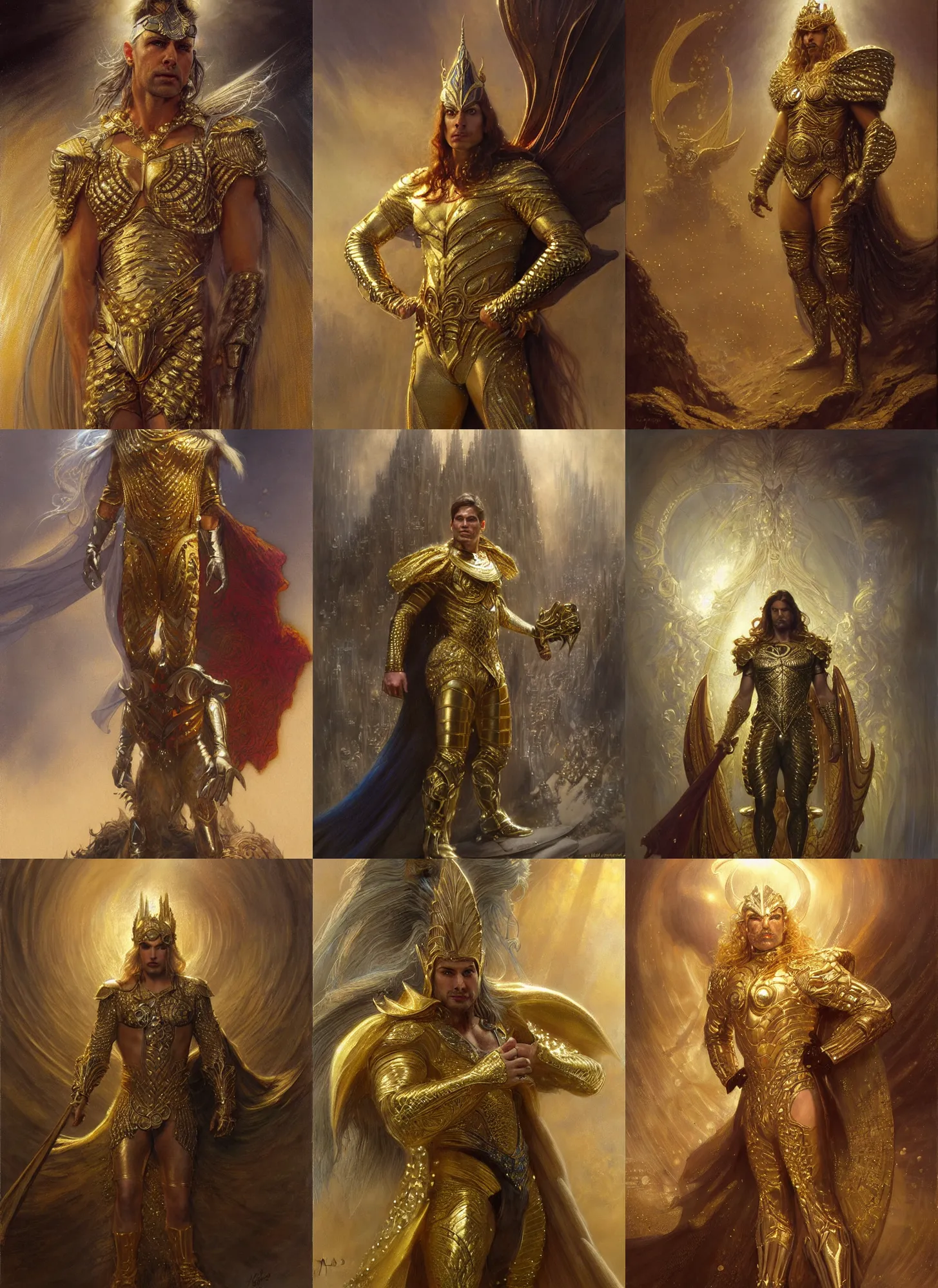 Prompt: a man dressed in a gold and silver costume, art by john howe, gaston bussiere, jeff a menges and zack snyder, deviantart, fantasy art, reimagined by industrial light and magic, oil on canvas, hd