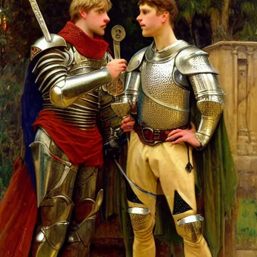 Image similar to attractive fully clothed arthur pendragon confesses his love for his attractive fully clothed male knight. highly detailed painting by gaston bussiere and j. c. leyendecker 8 k