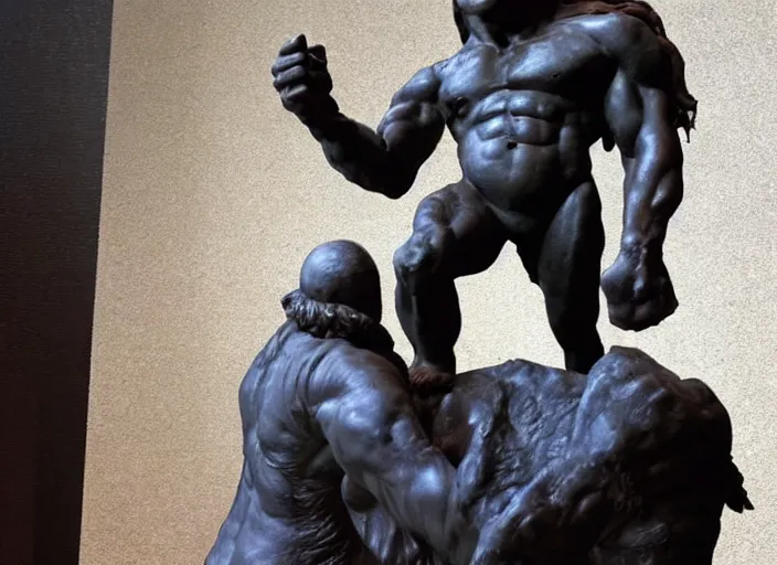 Image similar to a full figure rubber sculpture of a small conan the barbarian standing in front of a giant golem, by Michelangelo, dramatic lighting, rough texture, subsurface scattering, wide angle lens