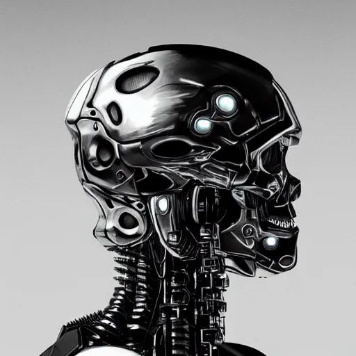 Image similar to black and white cyberpunk style dark bio metal skull, abalone pearl iridescence mecha hard-surface, cyberpunk, hyper realistic, cinematic, unreal engine, 3D, 8K, imagined by Ash Thorp, Tsutomu Nihei, Ghost In The Shell, Akira