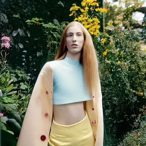 Prompt: realistic photoshoot for a new balenciaga lookbook, color film photography, portrait of a beautiful person, in style of Campbell Addy, location in a garden, 35mm