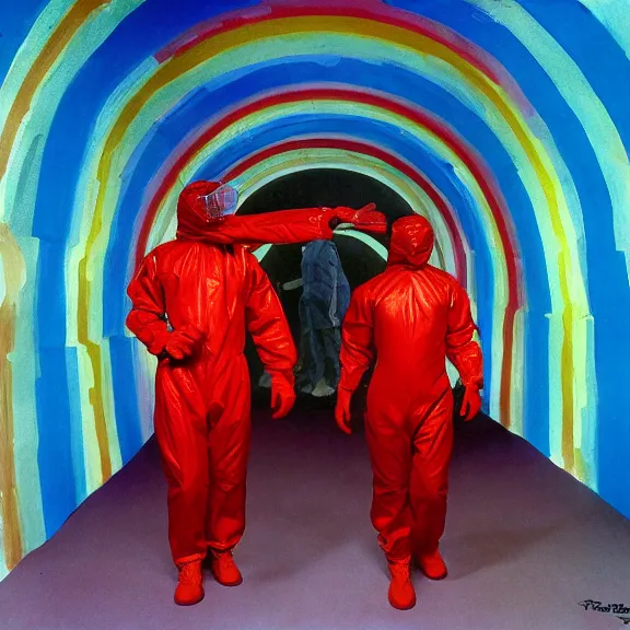 Prompt: two scientists wearing red hazmat suits inside geometric rainbow crystal tunnel by frank frazetta