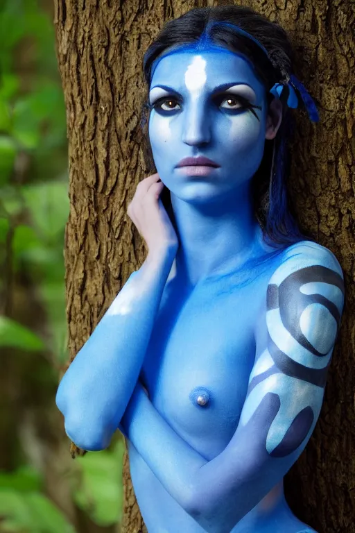 Image similar to a greek woman dressed as a blue-skinned female navi from avatar standing in a forest, blue body paint, high resolution film still, 8k, HDR colors, cosplay, outdoor lighting, high resolution photograph, photo by bruce weber, beautiful symmetric face, beautiful gazing eyes