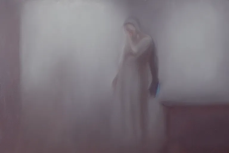 Image similar to a painting of a possessed woman in a foggy room by jama jurabaev, cinematic shot, trending on artstation, high quality, ultra realistic