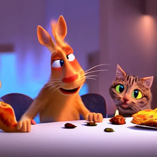 Prompt: pixar cgi cats having a nice dinner