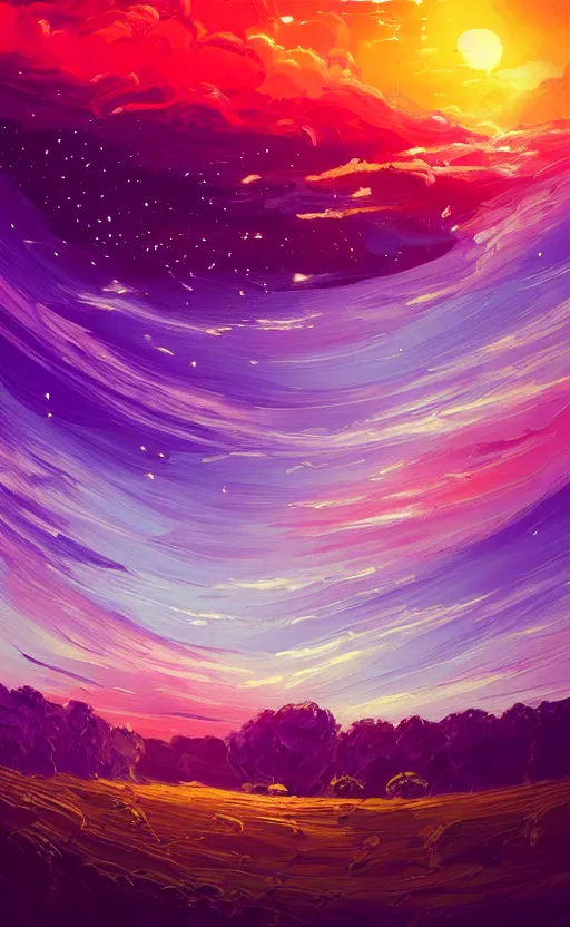 Image similar to a beautiful illustration of the shire at sunset, art of alena aenami, featured on artstation, vertical orientation, paint brush strokes, expressionism, brushstroke - laden, breathtaking clouds, birds, ocean, beautiful stars, long exposure, big sun radius, airy theme, red purple gradient, lens flare