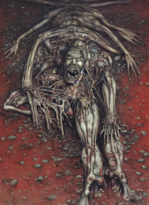 Image similar to painting of disturbing guy fieri lying on concrete ground, decrepit, corpse-like, by jon hale, beksinski, giger