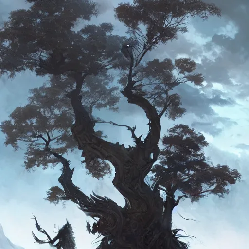 Image similar to black dragons dwell in the wilderness by sung choi, world tree, by greg rutkowski.