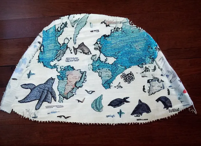 Prompt: someone wearing a cape with a map of the sea on it. boat. fabric, stitched. whales. humpback