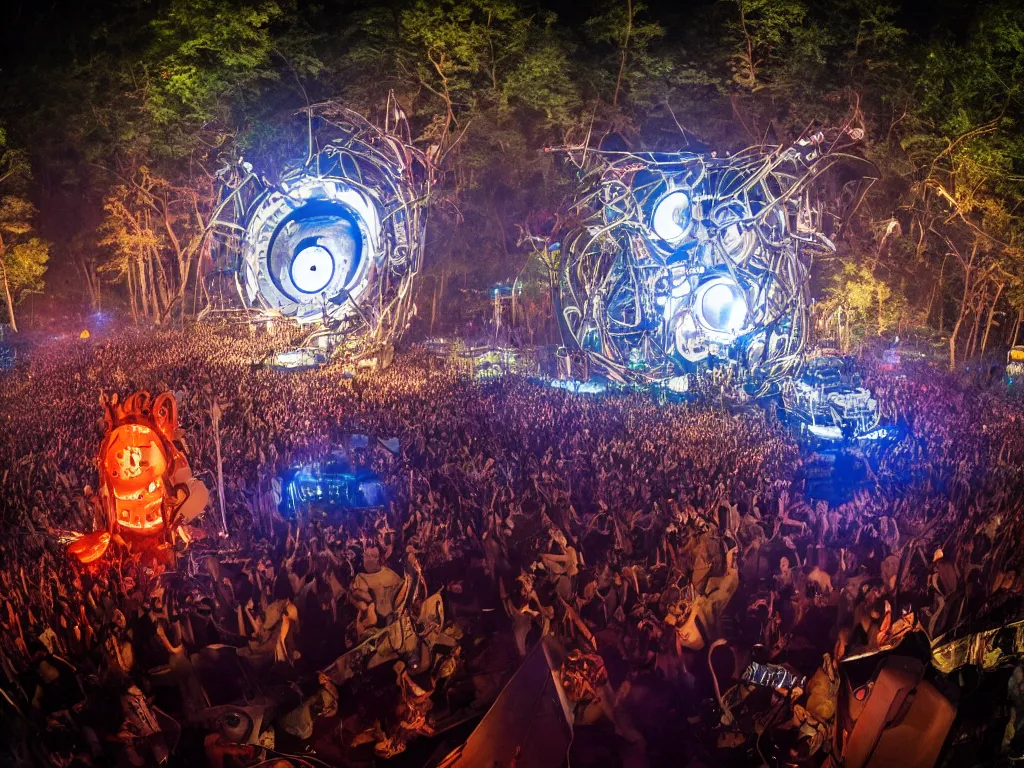 Image similar to an incredible masterpiece of a cyborg dj is playing a vast array of highly evolved and complex musical technology on a stage surrounded by an incredible and complex circular robotic structure playing highly evolved music overlooking a crowd at a forest festival lit by fire, by craig mullins