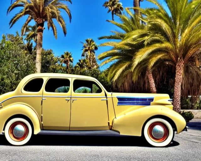 Image similar to 1 9 3 7 pontiac sedan, tan, palm trees in the background