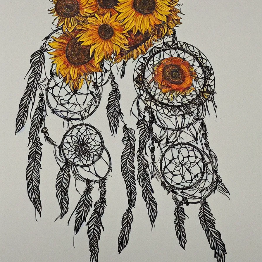 Image similar to Sunflowers dreamcatchers embedded into one another. Artwork with strong tribal influences.