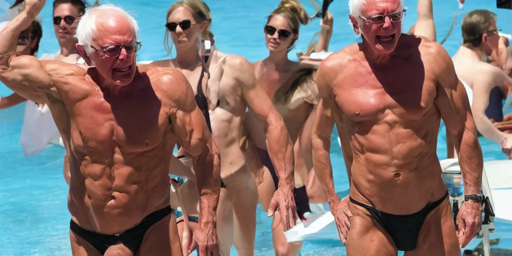 Prompt: muscular, bernie sanders, bikini