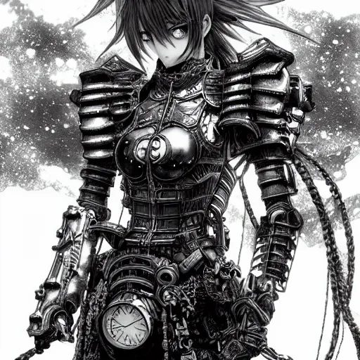 Image similar to a vertical portrait of a character in a scenic environment by yoshitaka amano and nihei tsutomu, black and white, dreamy, steampunk armor, highly detailed