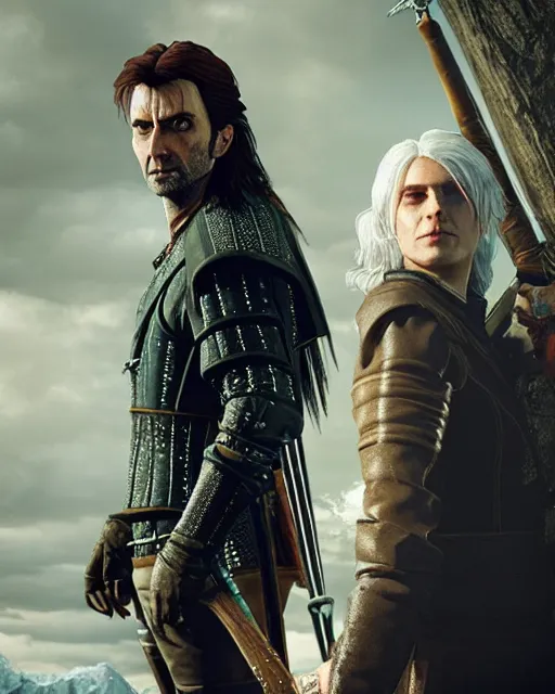 Image similar to David Tennant in the role of Witcher III Gerald of Rivia, amazing short, 8K, IMAX, ultra detailed