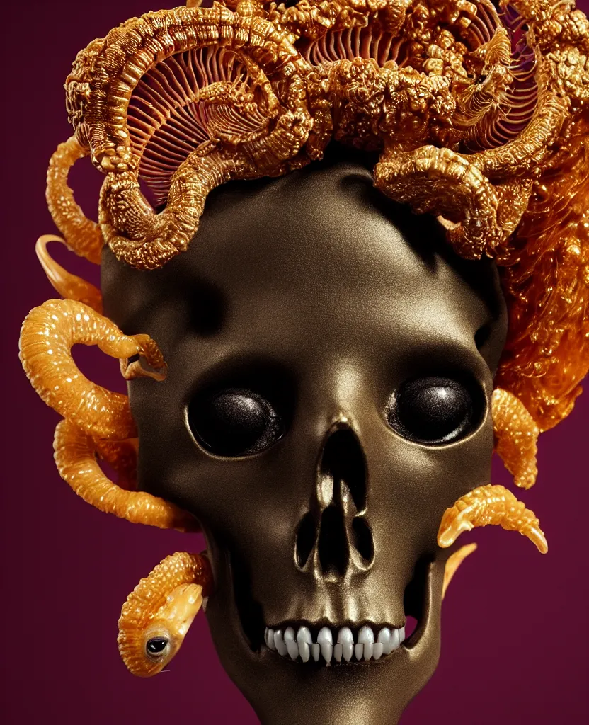 Image similar to black background. goddess princess face close-up portrait ram skull. sculpture made of gold and brilliants. jellyfish phoenix head, nautilus, orchid, skull, betta fish, bioluminiscent creatures, intricate artwork by Tooth Wu and wlop and beeple. octane render, trending on artstation, greg rutkowski very coherent symmetrical artwork. cinematic, hyper realism, high detail, octane render, 8k