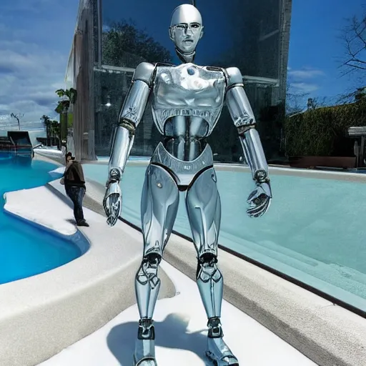 Image similar to made of ice, a realistic detailed photo of a guy who is an attractive humanoid who is half robot and half humanoid, who is a male android, on display, blank stare, showing off his muscles, shiny skin, posing like a statue, by the pool, frozen ice statue, twitch streamer / gamer ludwig, humanoid robot