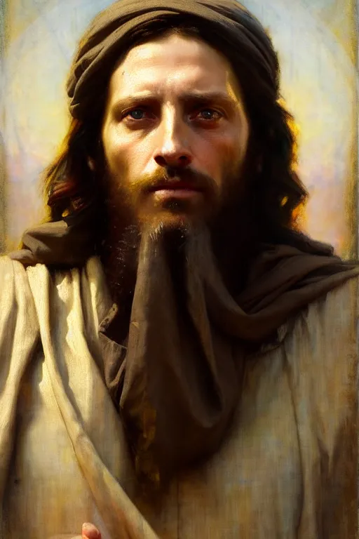 Image similar to photograph imax and solomon joseph solomon and richard schmid and jeremy lipking victorian loose genre loose painting full length portrait painting of jesus