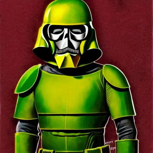 Image similar to portrait of a mutant chronicles bauhaus doomtrooper, wearing green battle armor, a yellow smiley sticker centered on helmet, by mark brooks