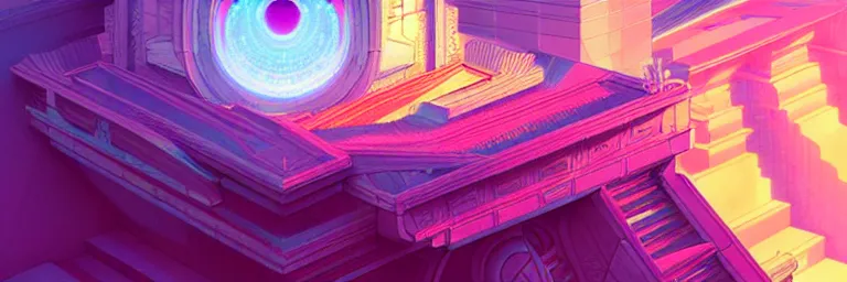 Prompt: a 3 d render of a cybernetic temple, vaporwave aesthetic, colorful, psychedelic, digital painting, artstation, concept art, smooth, sharp focus, illustration, art by artgerm and greg rutkowski and alphonse mucha