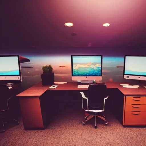 Prompt: photo of an office desk, underwater, cinematic