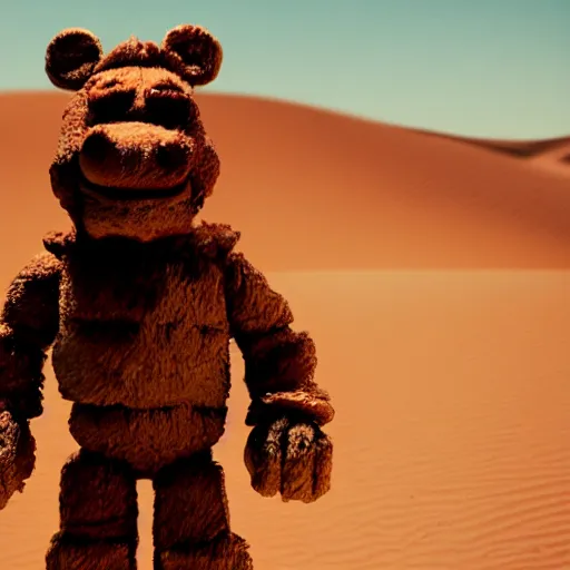 Image similar to Closeup of Freddy Fazbear in the Sahara desert, award winning Tarantino movie still, 35 mm, cinematic