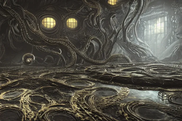 Prompt: ultra realist soft painting of the world of Lovecraft, gigantic oily tentacles, very intricate details, ultra dense fog, golden ratio, volumetric black and white lighting, reflections, refractions, symmetry accurate anatomy features, octane render