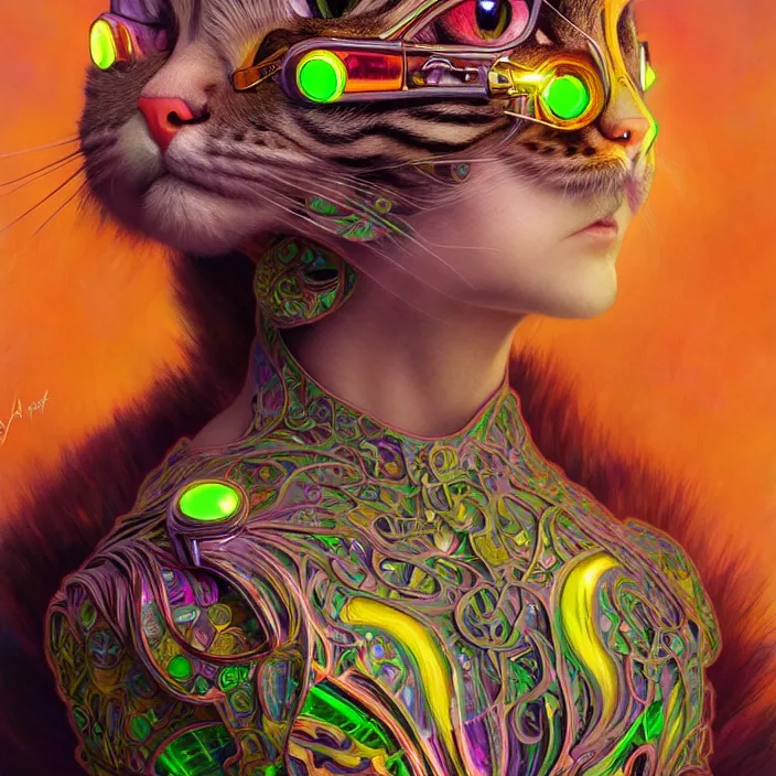 Image similar to bright psychedelic portrait of organic cat cyborg, wings, diffuse lighting, fantasy, intricate, elegant, highly detailed, lifelike, photorealistic, digital painting, artstation, illustration, concept art, smooth, sharp focus, art by John Collier and Albert Aublet and Krenz Cushart and Artem Demura and Alphonse Mucha
