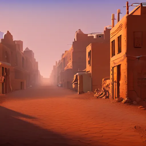 Image similar to A street view of a distant desert village, 4k, artstation, cgsociety, cinematic lighting