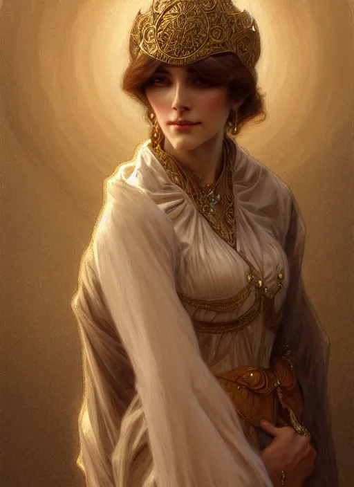 Image similar to character portrait of a modest woman, tall, feminine, powerful, modestly clothed, voluminous, intricate, elegant, highly detailed, digital painting, artstation, smooth, symmetrical, sharp focus, illustration, art by gaston bussiere and alphone mucha