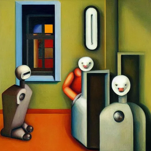 Image similar to cat robots, grant wood, pj crook, edward hopper, oil on canvas