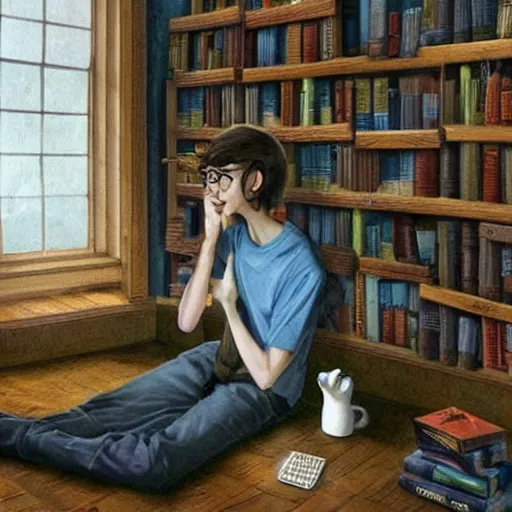 Image similar to a skinny computer nerd guy sitting on the floor of his room, crossed legs, laptop, smartphone, video games, tv, books, potions, jars, shelves, knick knacks, tranquil, calm, sparkles in the air, magic aesthetic, fantasy aesthetic, colorful, whimsical aesthetic, by stanely artgerm, tom bagshaw, arthur adams, cane griffiths, trending on deviantart, street art, face enhance, chillwave, maximalist