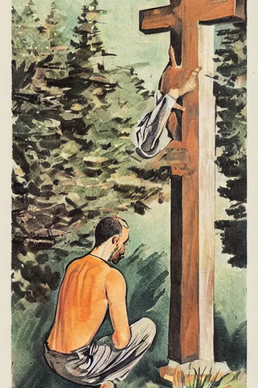 Image similar to man kneeling at the base of a wooden cross, 1960’s advertising art illustration