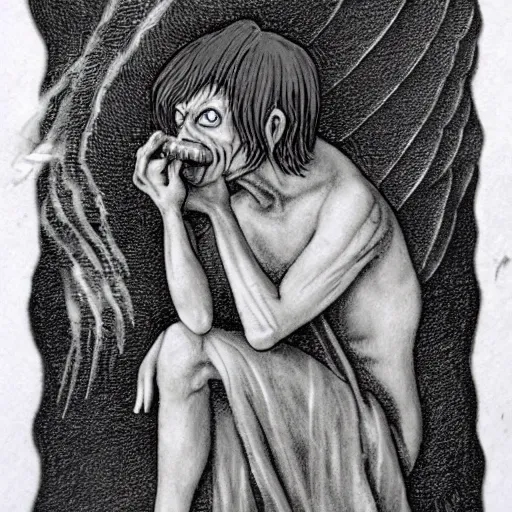 Image similar to gollum with angel wings flying with cig in mouth, thunderstorm, rain, sad,