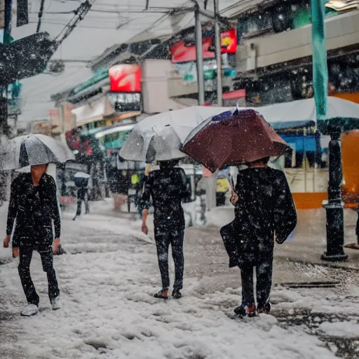 Image similar to photo of people on the snowy Bangkok streets, high details, 70mm