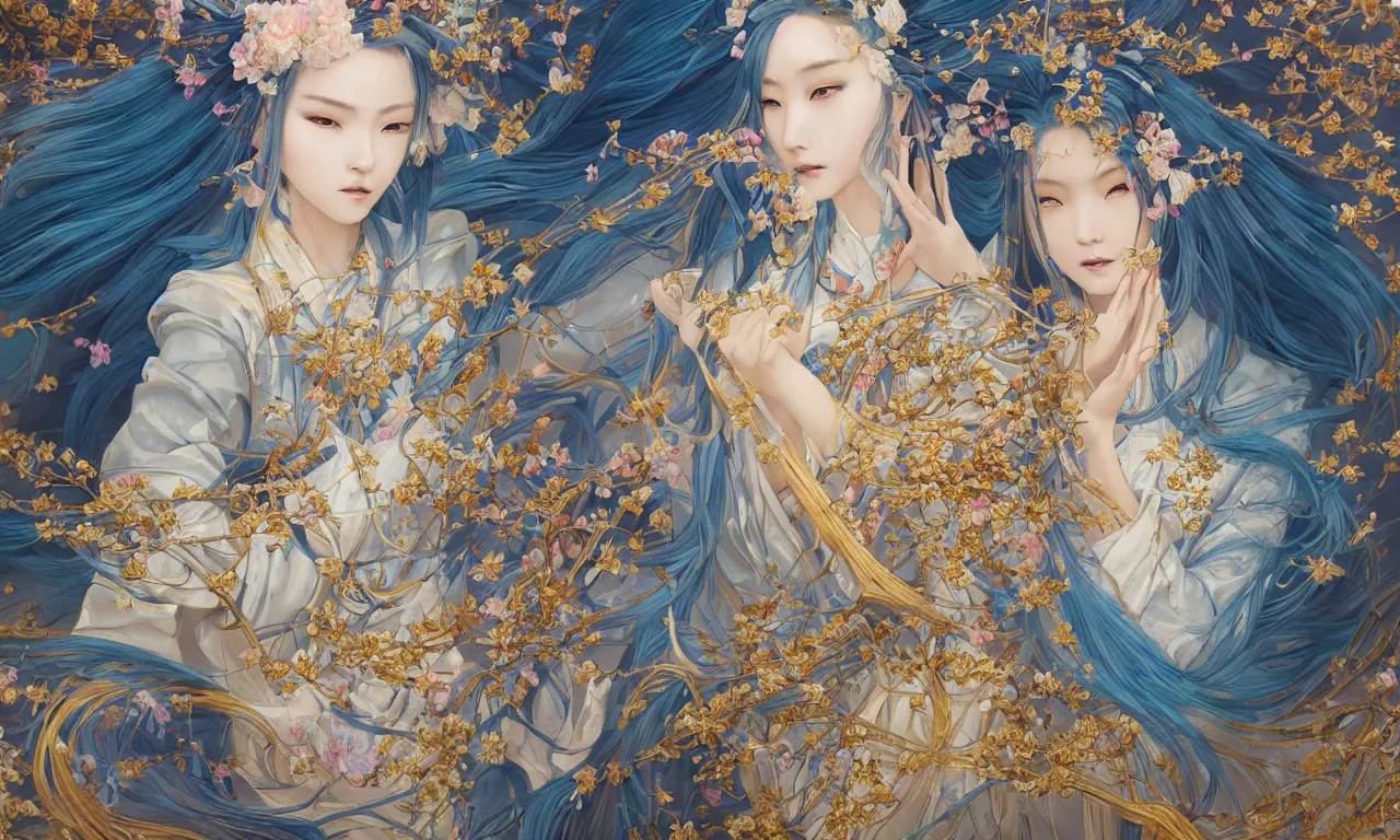 Prompt: breathtaking detailed painting by pilyeon and yuumei art, a full shot samurai queen with long flowing bright blue hair, gauze dress and pastel flowers petals and golden tumultuous clouds, symmetrical facial features, at dawn in front of a pristine golden art nouveau cathedral, elegant, highly detailed, artstation, concept art, matte, sharp focus,