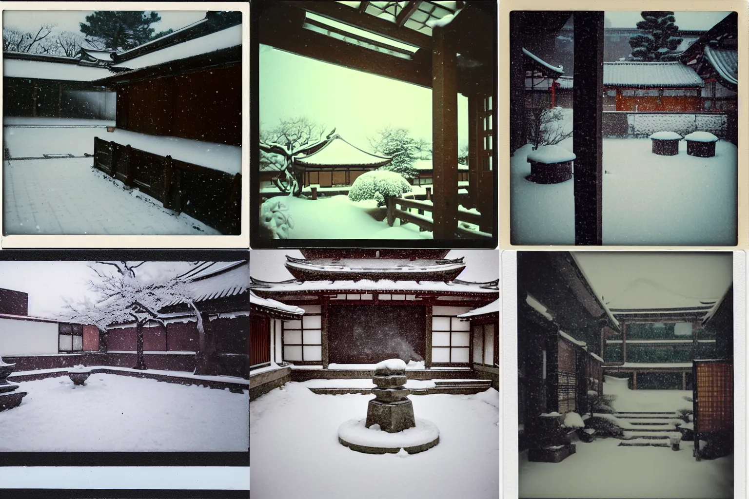 Prompt: atmospheric polaroid photograph of snowy japanese courtyard