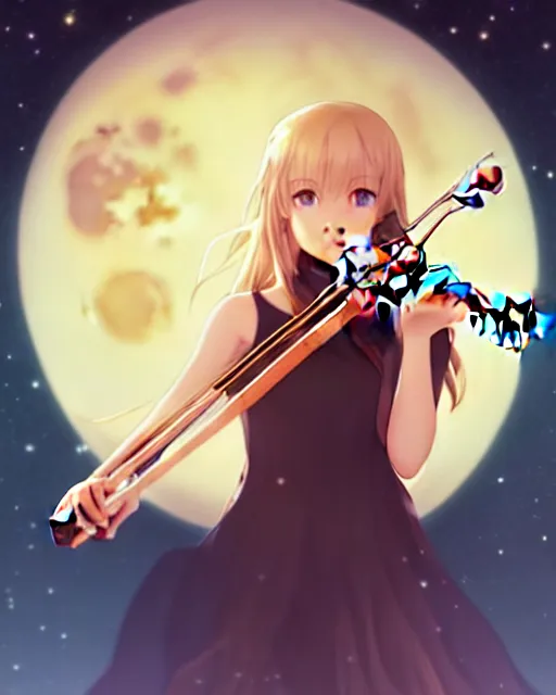 Image similar to teen, cute, full body, a female with white skin and golden long wavy hair holding a violin and playing a song, heavenly, stunning art style, filters applied, lunar time, night sky, trending art, sharp focus, centered, landscape shot, fate zero, simple background, studio ghibly makoto shinkai yuji yamaguchi, by wlop