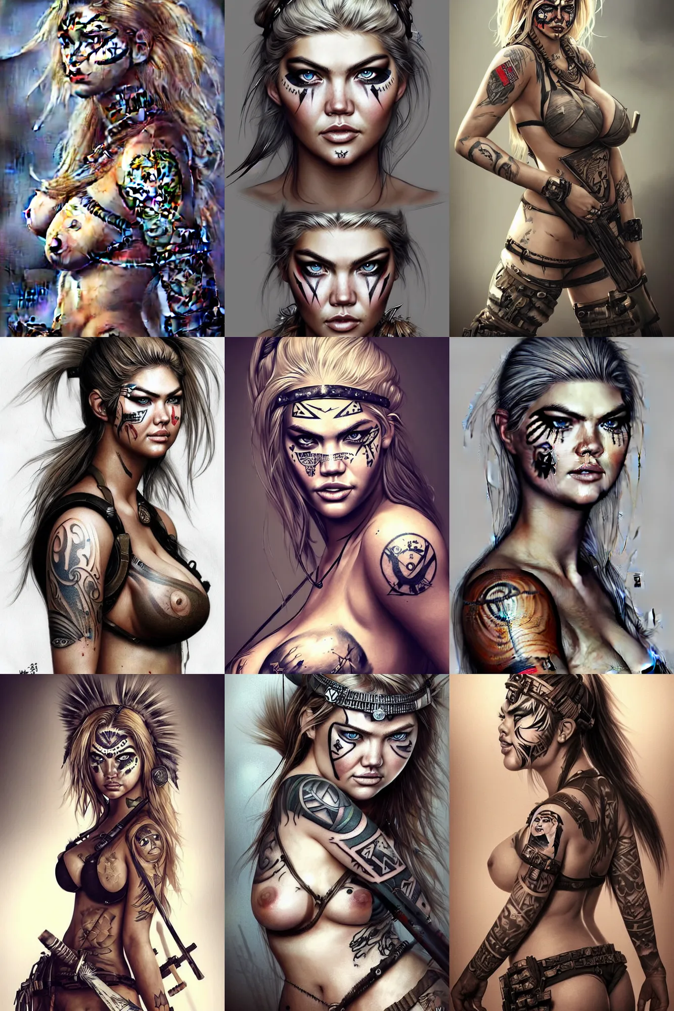 Prompt: gorgeous!! hyper - realistic woman resembling kate upton as a post - apocalyptic warrior girl with tattoos & tribal face paint, tattered military gear | drawn by wlop, drawn by jeehyung lee, drawn by artgerm | smooth, sharp focus, intricate