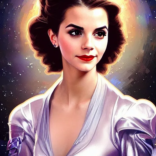 Image similar to A combination of Victoria Justice's and Grace Kelly's and Emma Watson's appearances as an astronaut, full body portrait, western, D&D, fantasy, intricate, elegant, highly detailed, digital painting, artstation, concept art, matte, sharp focus, illustration, art by Artgerm and Greg Rutkowski and Alphonse Mucha