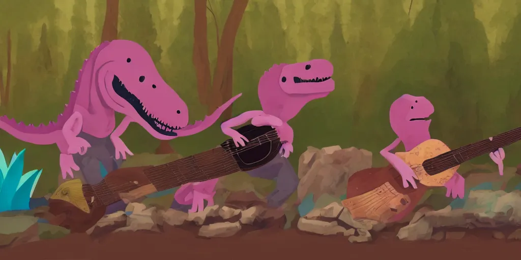 Image similar to A dinosaur playing the guitar beside a campfire, claymation, peaceful, pastel, sharp, Trending on ArtStation, Photorealistic, 8k, Detailed