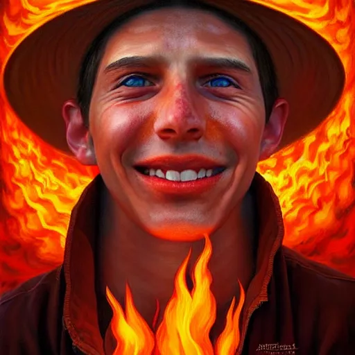 Prompt: a hyper realistic painting of a young fire - man, all face covered with a fire, fire all around him, coherent symmetrical eyes, cunning smile, by jeffrey smith, by andrea kowch, by steve henderson, masterpiece, trending on artstation,