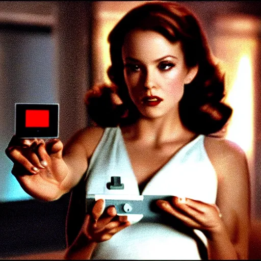 Image similar to a still of a beautiful pin up playing with a NES controller, in the movie Minority Report (2002), highly detailed and intricate, cinematic lighting, 4k HDR