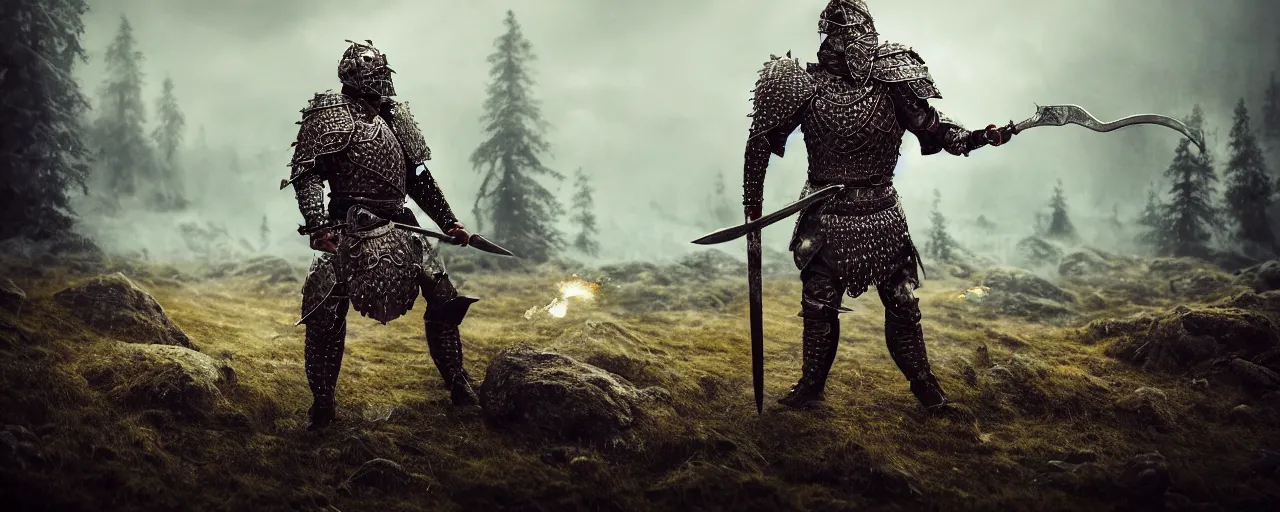 Image similar to full body portrait photo of a brutal nordic Warrior, wearing intricate steel armor, holding magical fiery battle-axe, sharp focus, highland landscape with few trees background, magical aura, heroic pose, fantasy style, octane render, volumetric lighting, 8k high definition, highly detailed, trending on ArtStation, centered